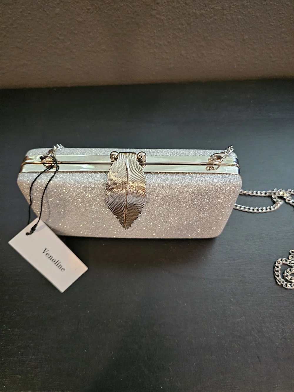 NWT Silver Glitter Evening Clutch with Chain Strap